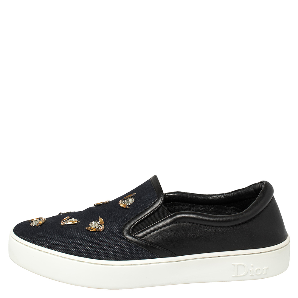 

Dior Blue Denim And Leather Embellished Slip On Sneakers Size