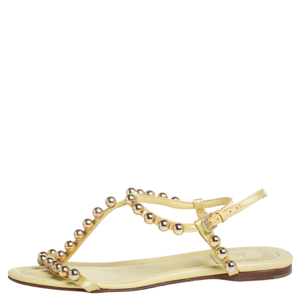 

Dior Yellow Leather And Satin Pearl Embellishment T Strap Flats Size