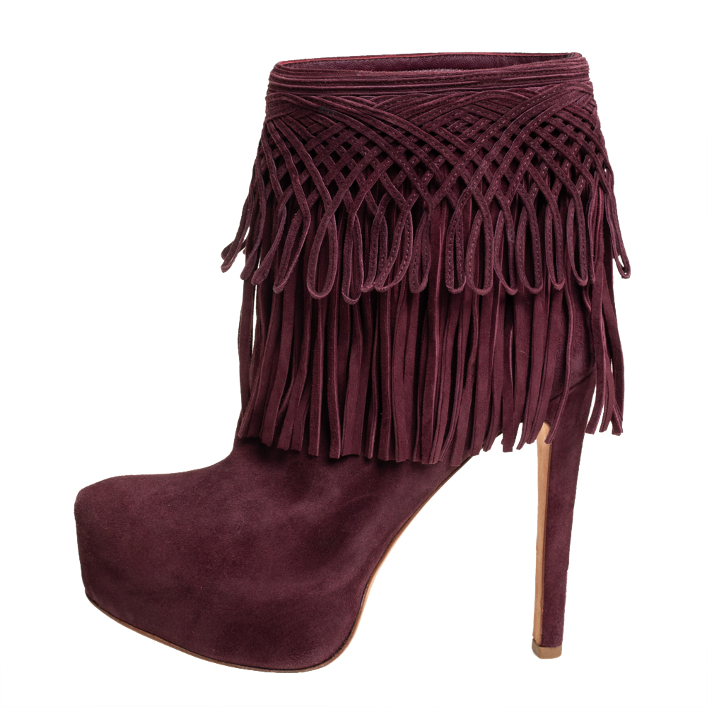 

Dior Burgundy Suede Fringes Booties Size