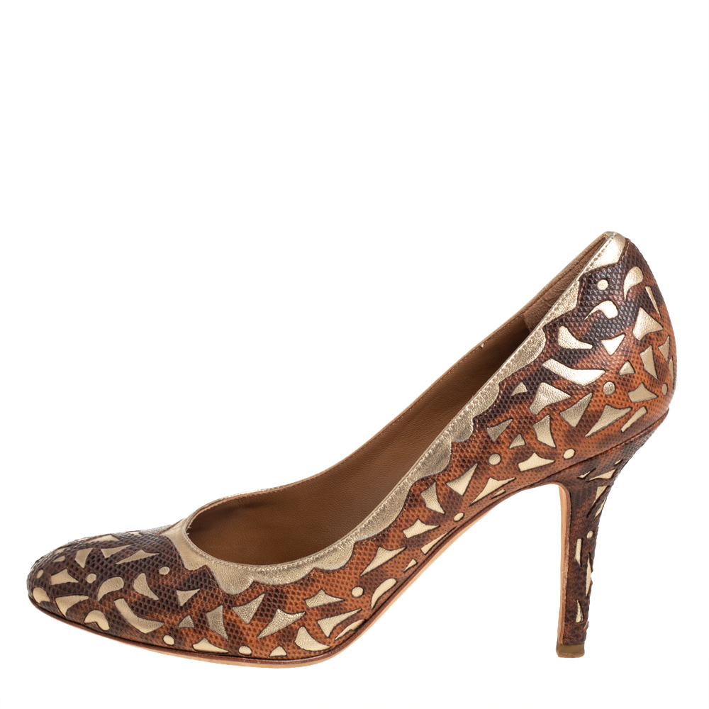 

Dior Two Tone Laser Cut Karung And Gold Leather Round Toe Pumps Size, Brown