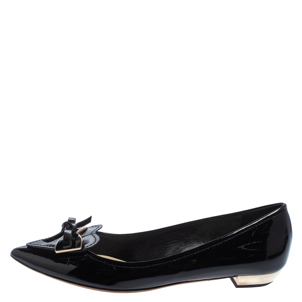 

Dior Black Patent Leather Heart Bow Embellished Pointed Toe Ballet Flats Size