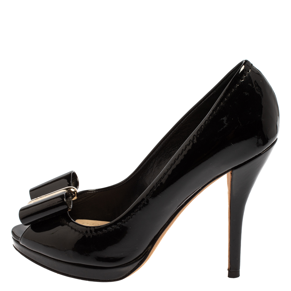 

Dior Black Patent Leather Bow Peep Toe Pumps Size