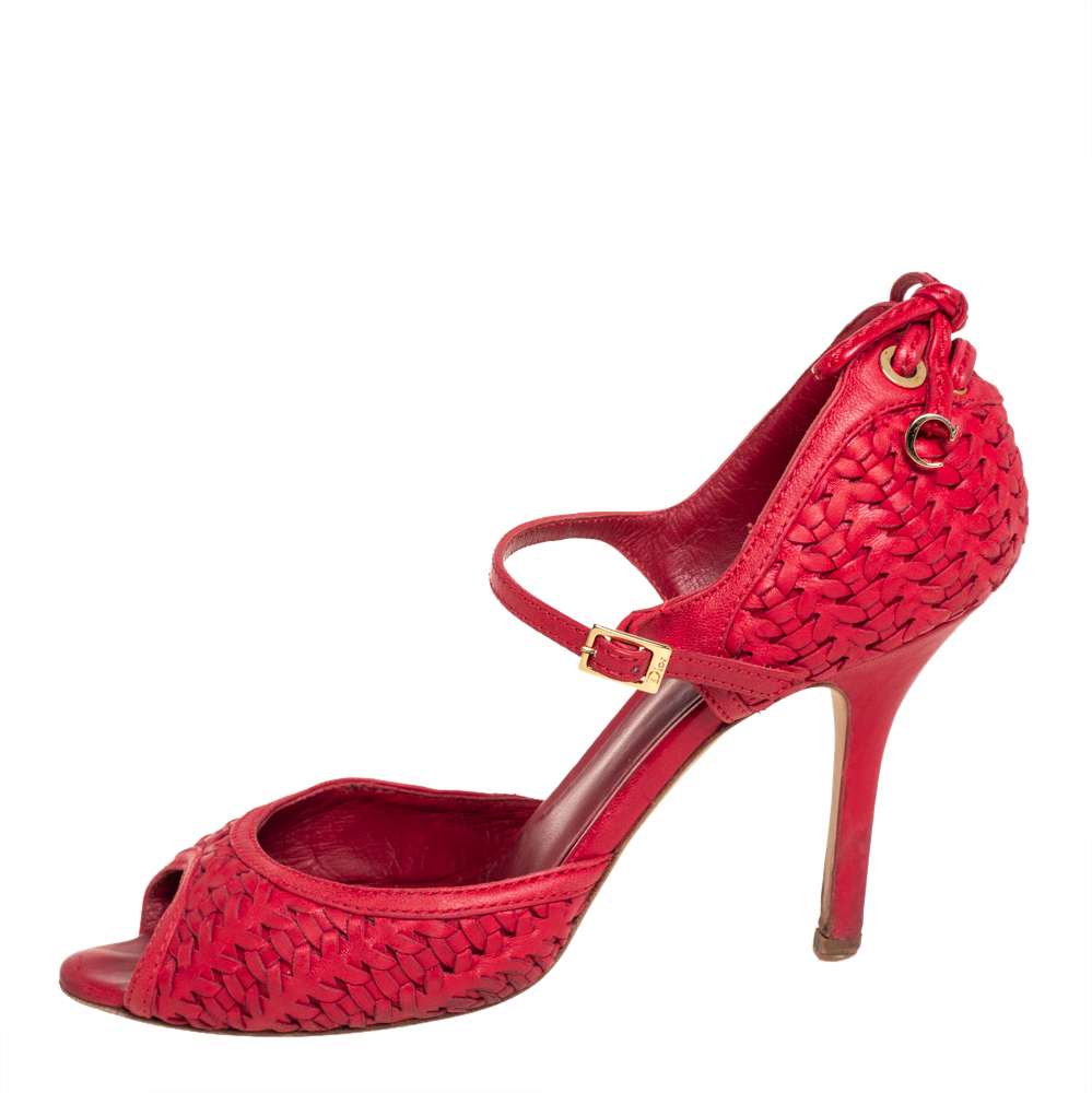 

Dior Red Woven Leather Ankle Strap Sandals Size