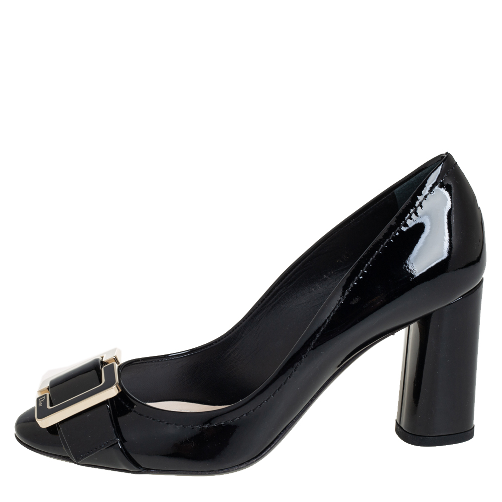 

Dior Black Leather Buckle Detail Block Heel Pumps Size