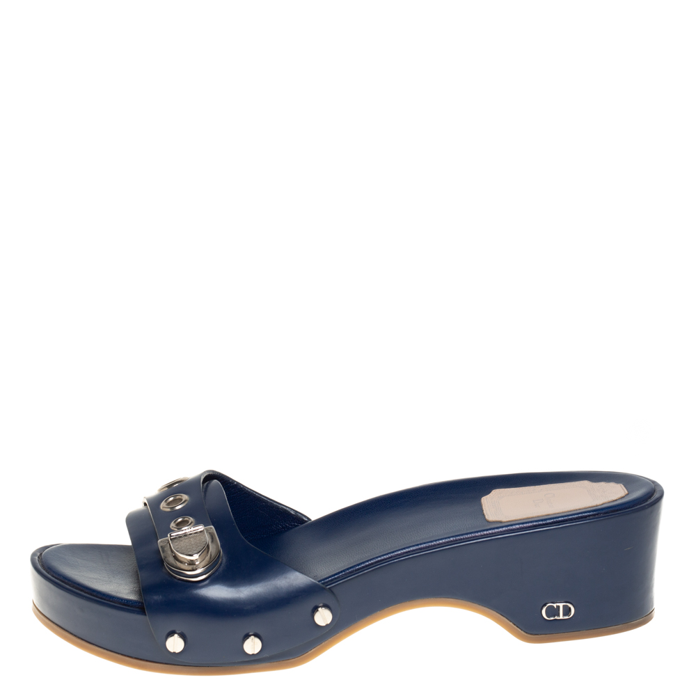 

Dior Blue Leather Buckle Detail Platform Slide Sandals Size