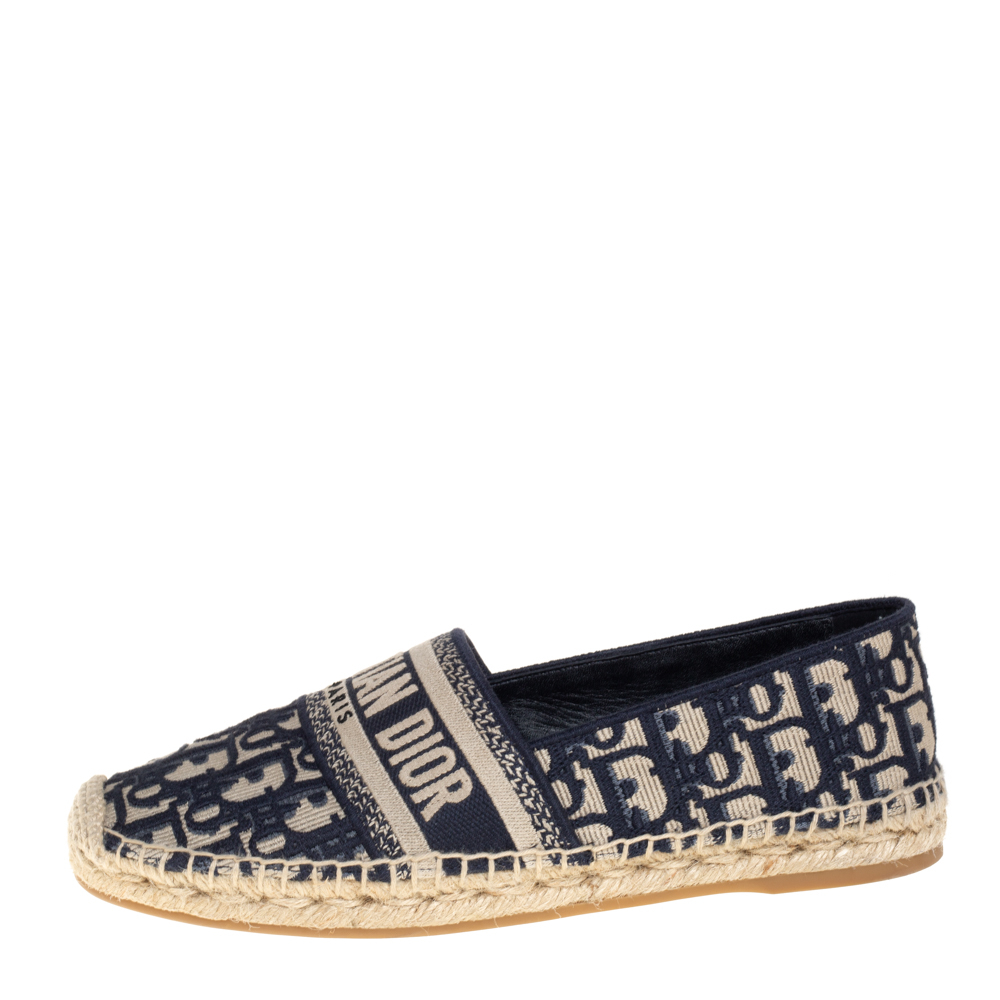 

Dior Dark Blue/Beige Oblique Embroidered Cotton Fabric Granville Espadrille Flats Size