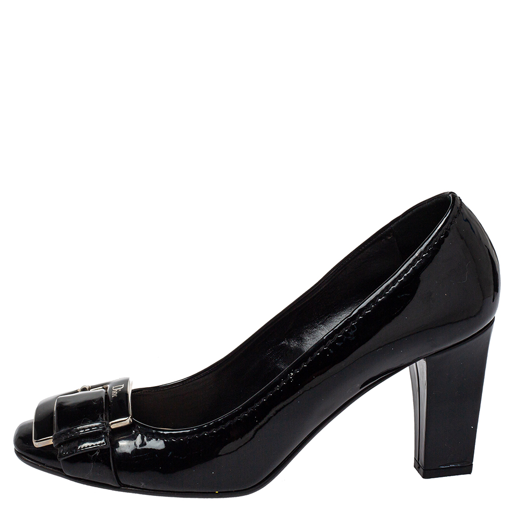 

Dior Black Patent Leather Buckle Detail Block Heel Pumps Size