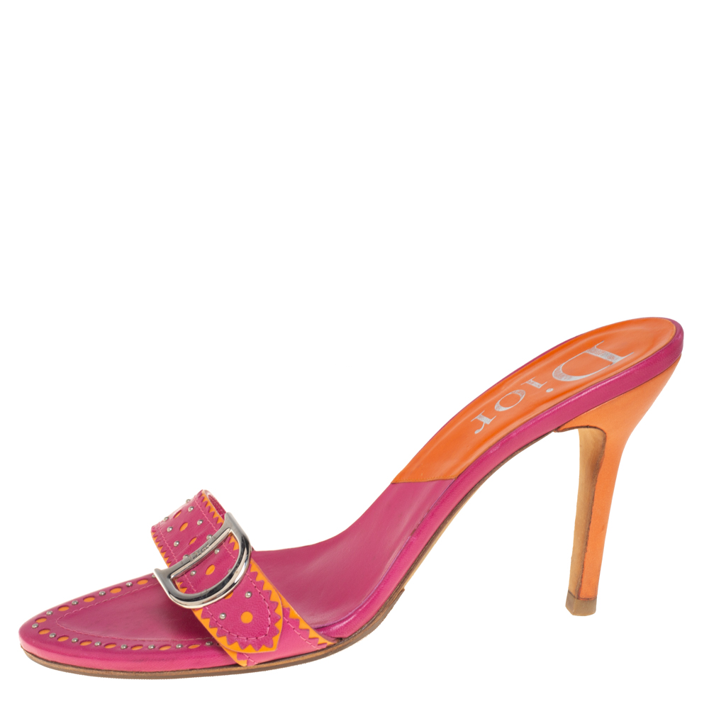 

Dior Pink/Orange Leather Studded Logo Detail Slide Sandals Size