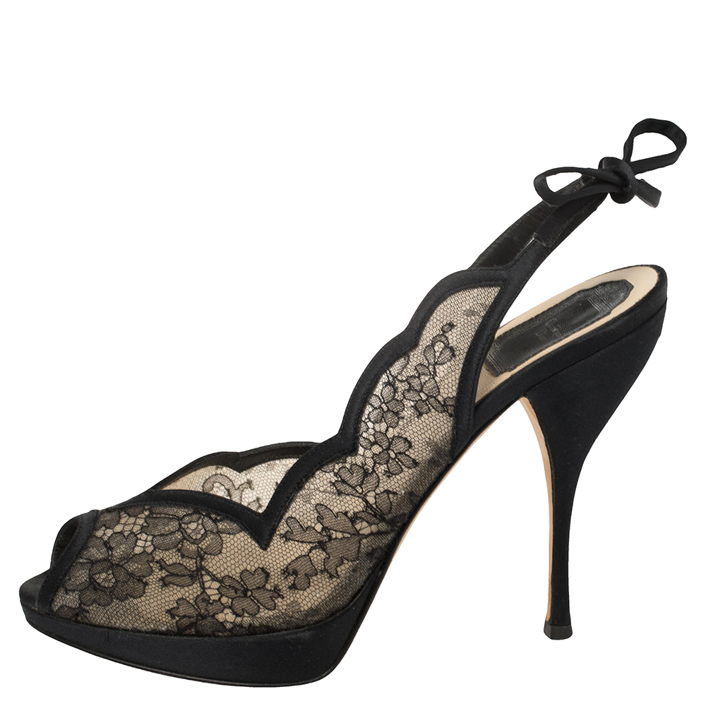 

Dior Black Lace And Satin Ankle Tie Slingback Platform Sandals Size