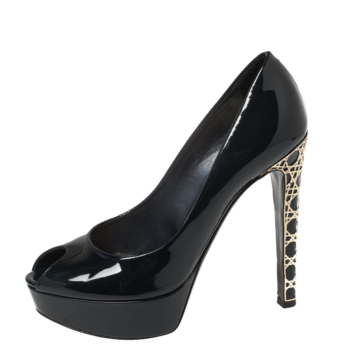 

Dior Black Patent Leather Peep Toe Cannage Heel Platform Pumps Size