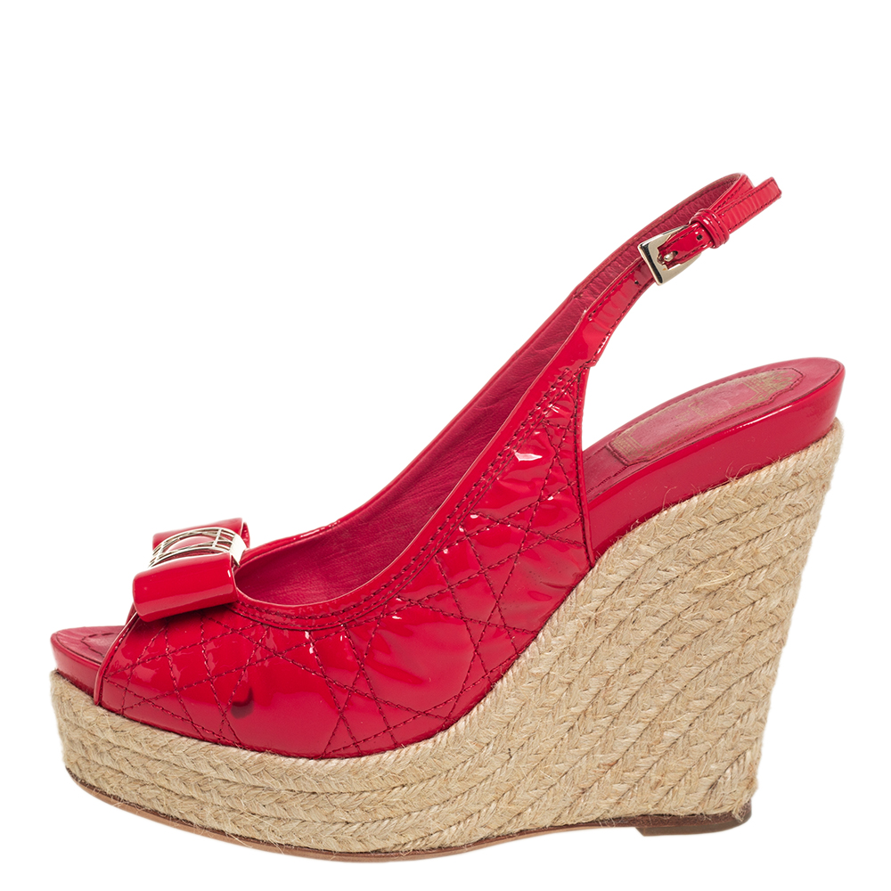 

Dior Red Patent Cannage Leather Espadrille Wedge Peep Toe Slingback Sandals Size