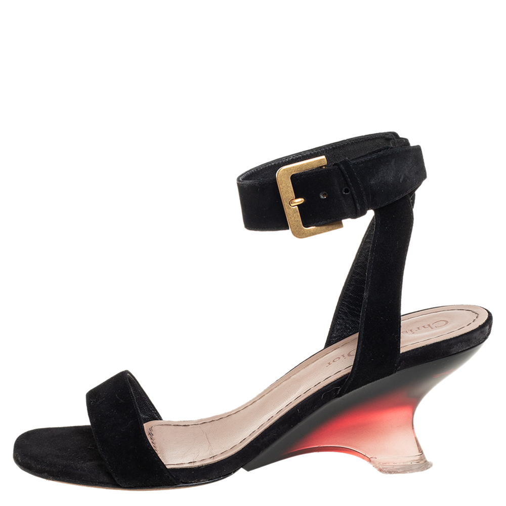

Dior Black Suede Leather Diorsphere Wedge Ankle Strap Sandals Size