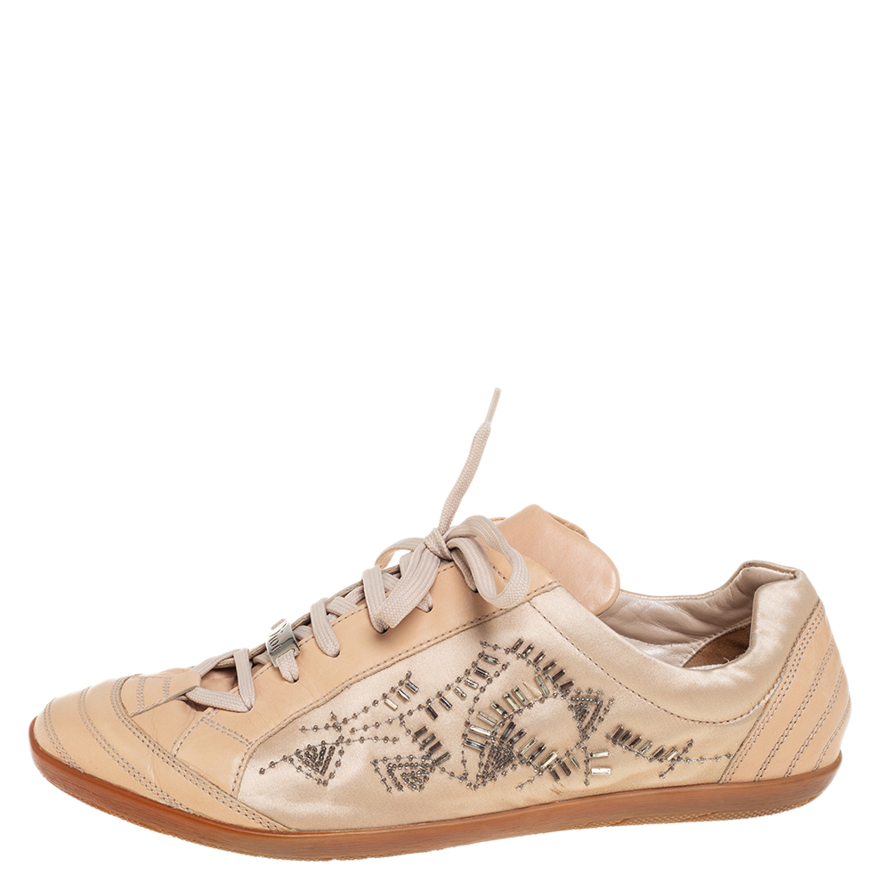 

Dior Beige Leather And Satin Embellished Low Top Sneakers Size