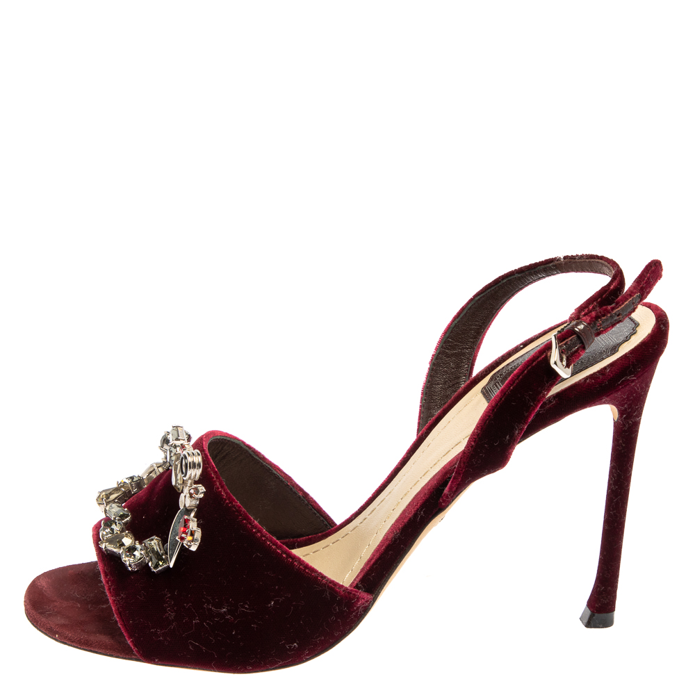 

Dior Burgundy Velvet Crystal Embellished Open Toe Slingback Sandals Size