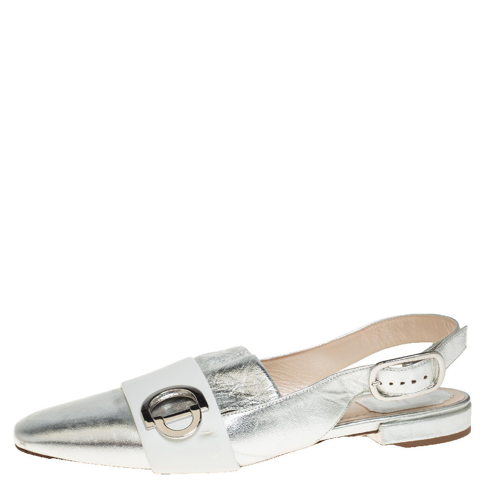 

Dior Silver/White Leather Logo Embellished Slingback Flats Size