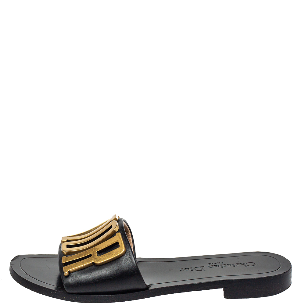 

Dior Black Leather Revolution Logo Slide Sandals Size