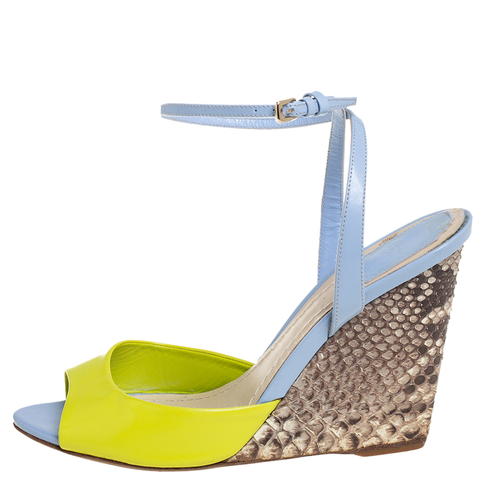

Dior Multicolor Patent Leather And Python Ankle Strap Wedge Sandals Size