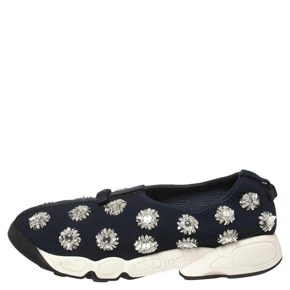 

Dior Dark Blue Floral Embellished Mesh Fusion Slip On Sneakers Size