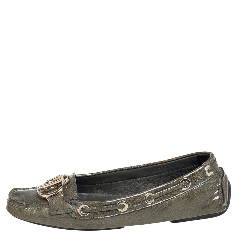 

Dior Grey Patent Leather Logo Embellished Slip On Loafers Size