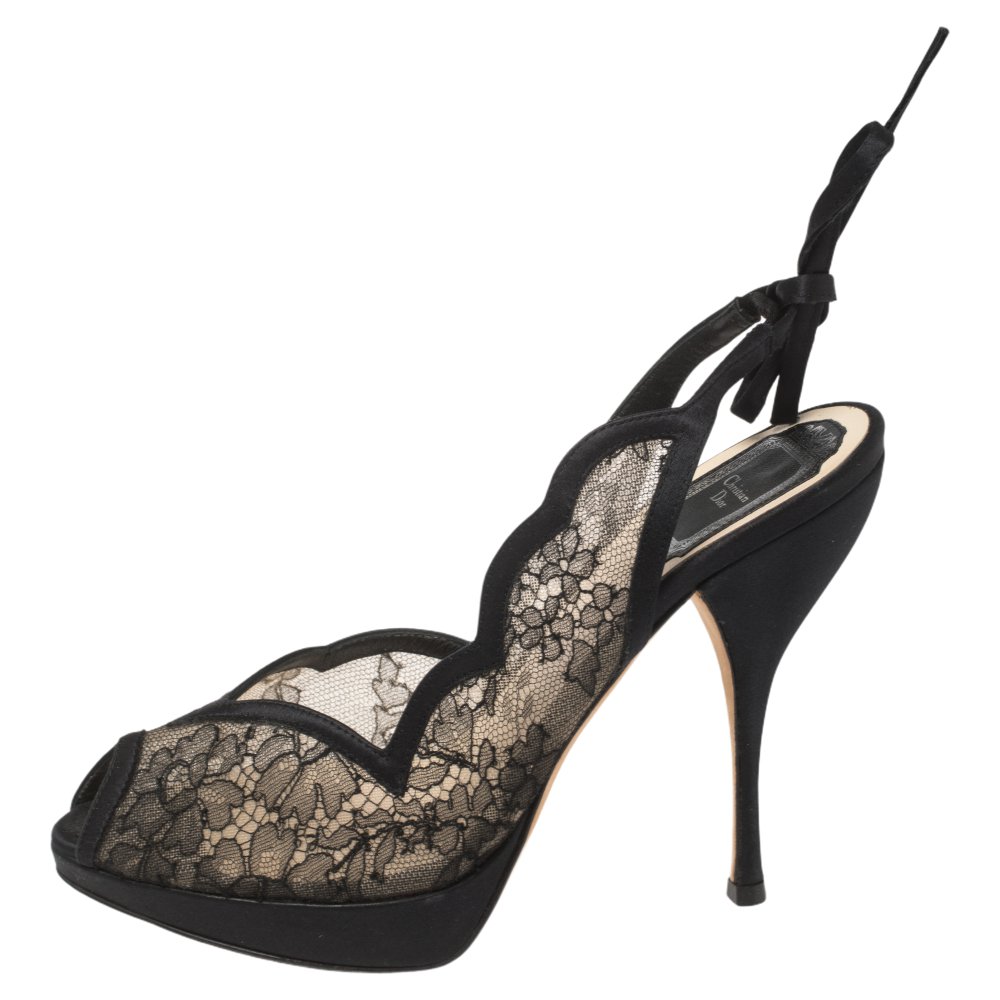 

Dior Black Lace And Satin Ankle Tie Slingback Platform Sandals Size
