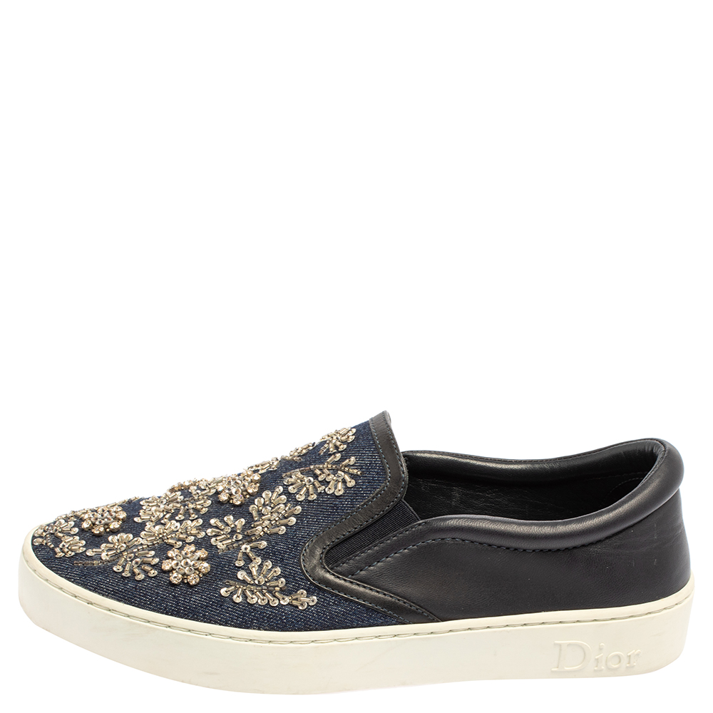 

Dior Blue/Black Canvas And Leather Embroidered Slip On Sneakers Size