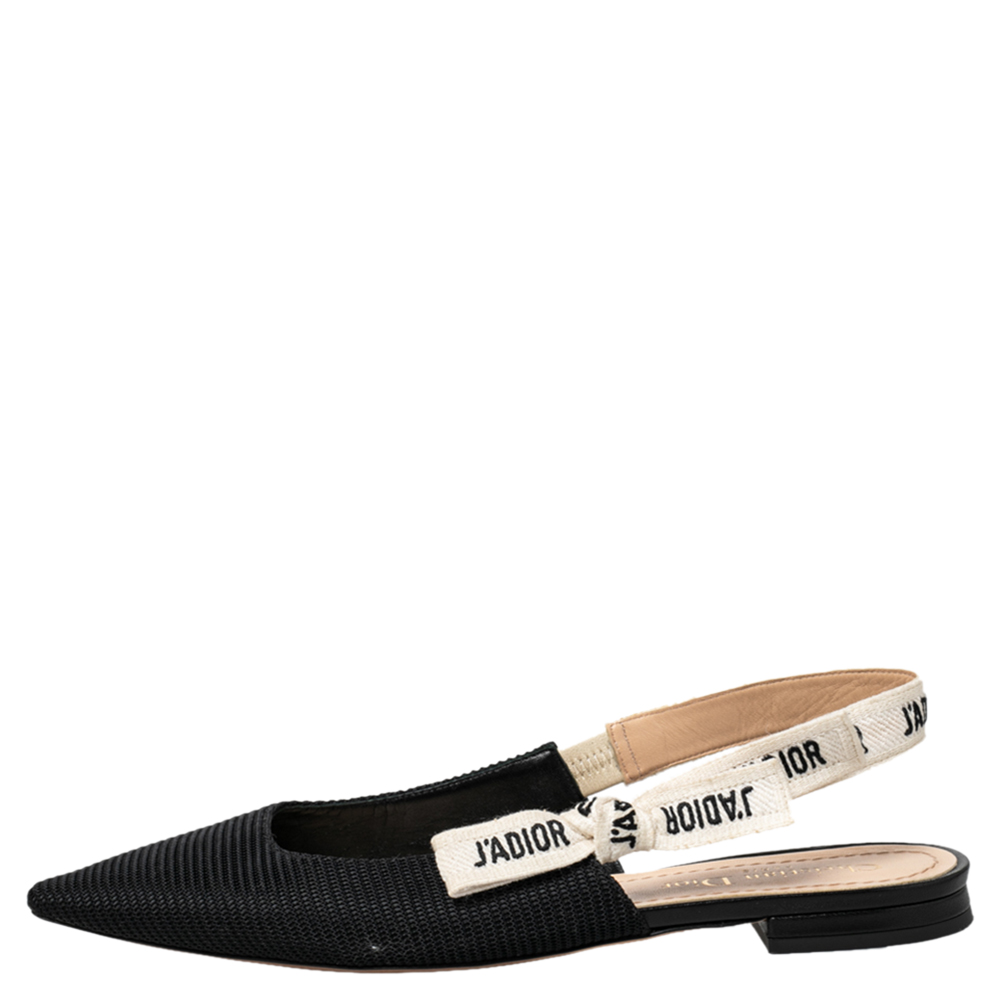 

Dior Black Technical Fabric And J'adior Ribbon Pointed Toe Slingback Flats Size