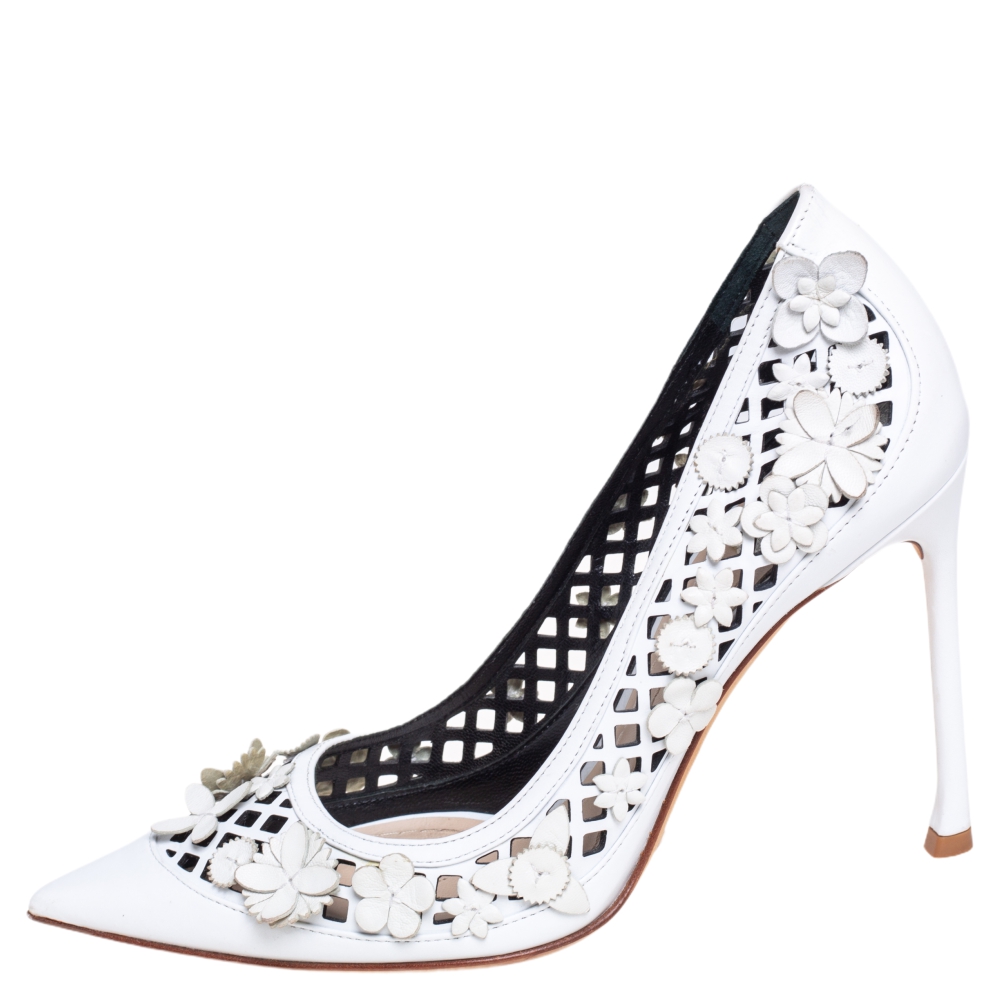 

Dior White Leather Laser Cut Floral Embellished Pointed Toe Pumps Size