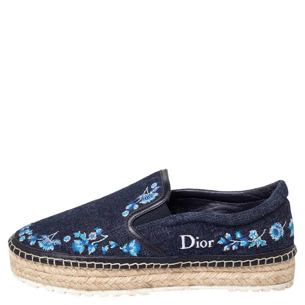 

Dior Blue Floral Embroidered Denim Prairie Espadrille Flats Size