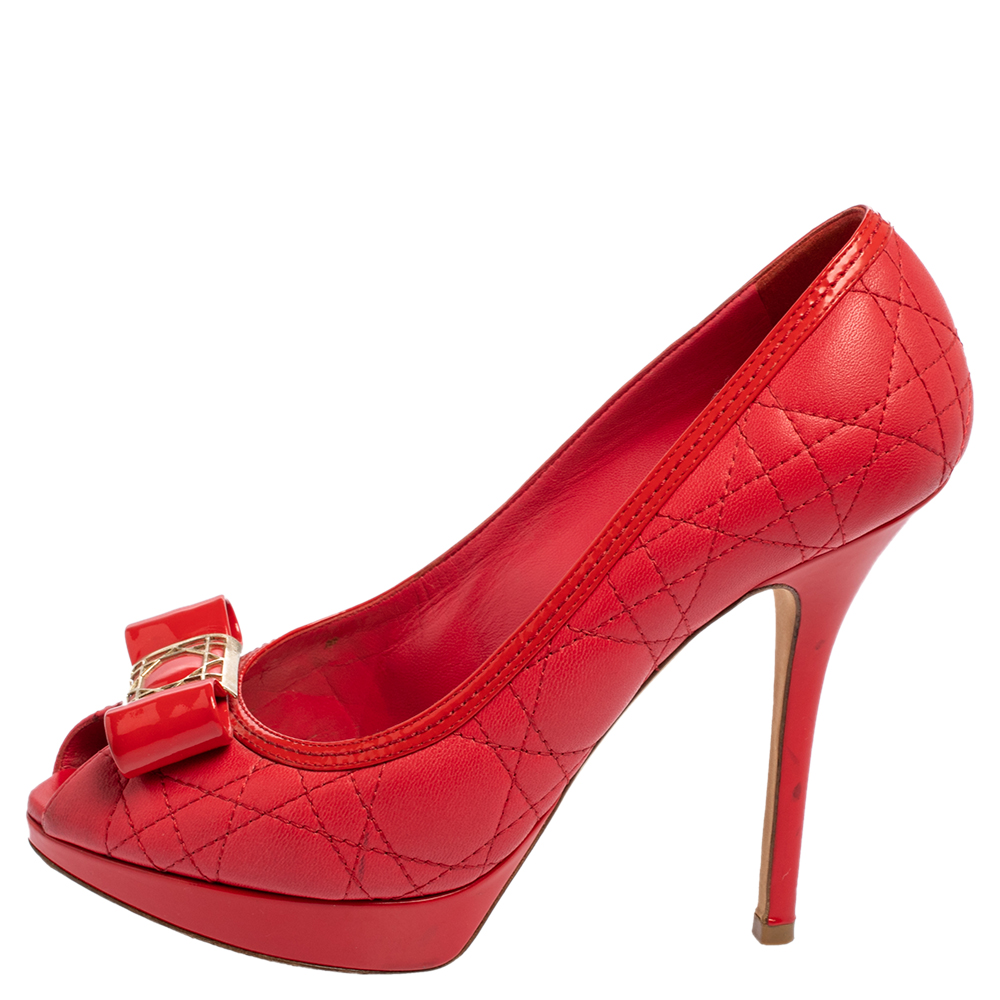 

Dior Red Cannage Leather Metal Cannage Bow Peep Toe Platform Pumps Size