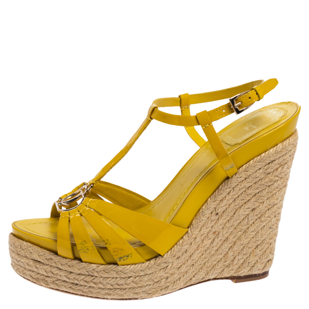 

Christian Dior Yellow Patent Leather CD2 T-Strap Espadrille Wedges Size