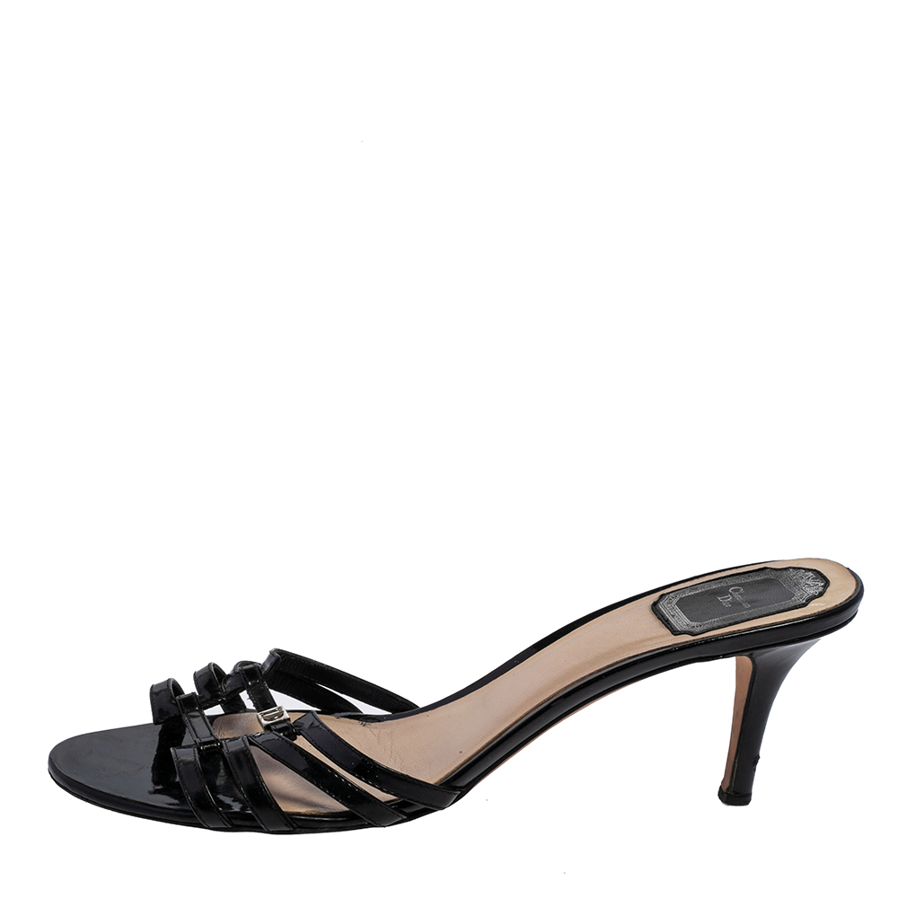 

Dior Black Patent Leather Strappy Slide Sandals Size