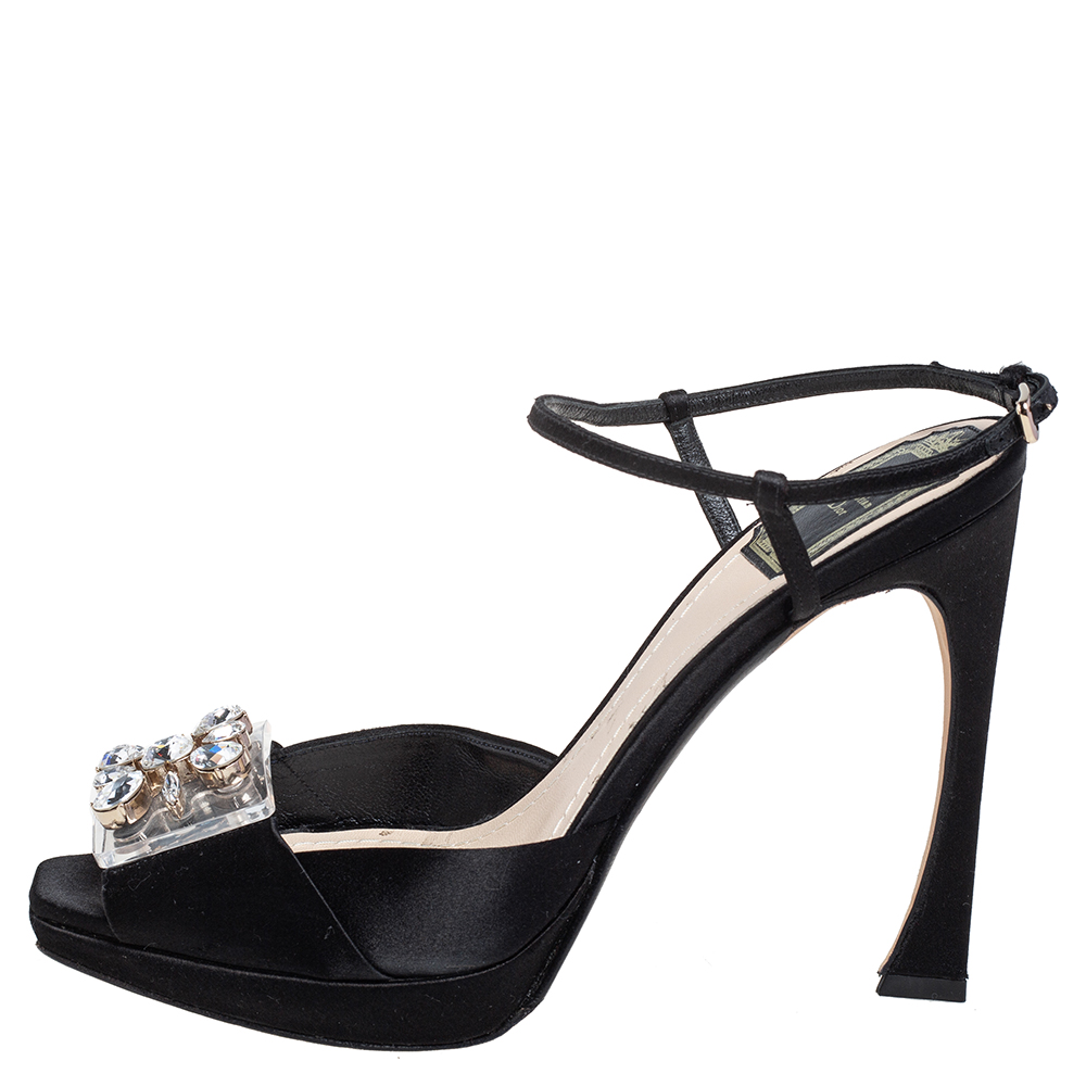 

Dior Black Satin and PVC Crystal Embellished Open Toe Platform Ankle Strap Sandals Size