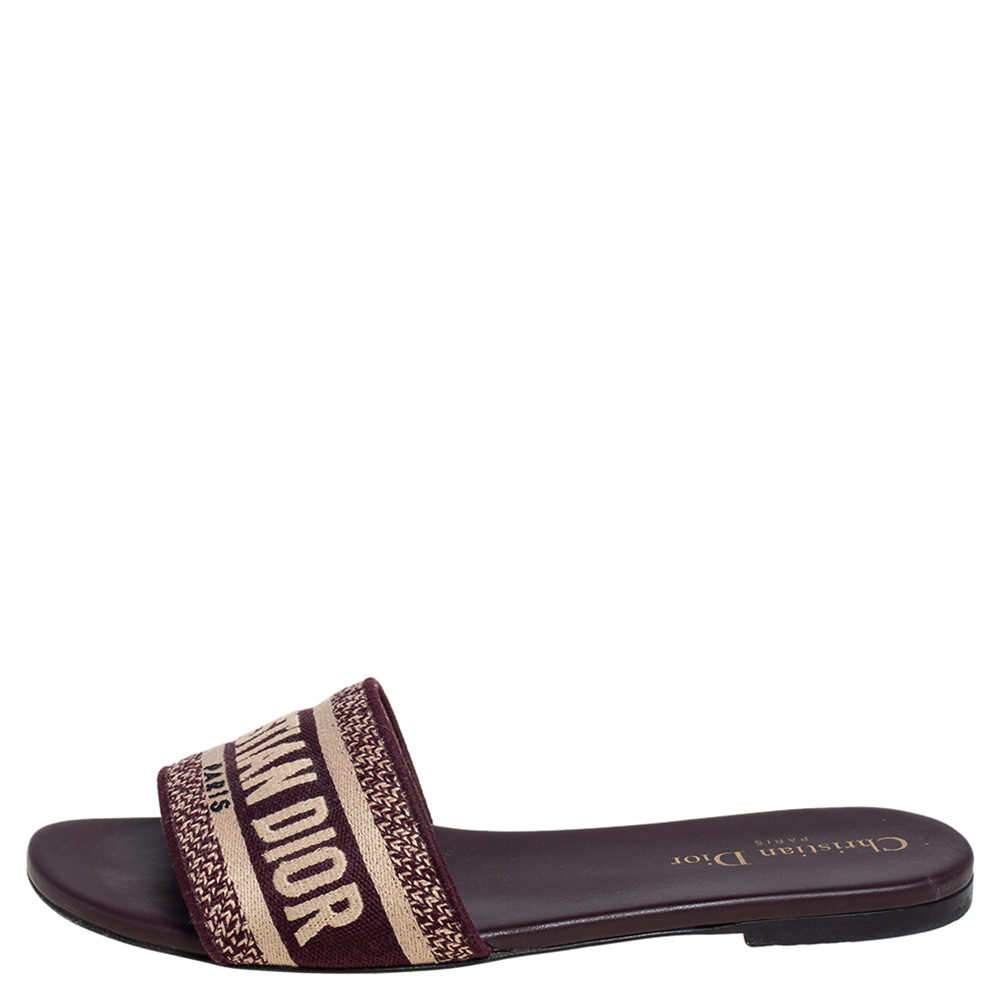 

Dior Burgundy Cotton Blend Dway Logo Embroidered Flat Slides Size