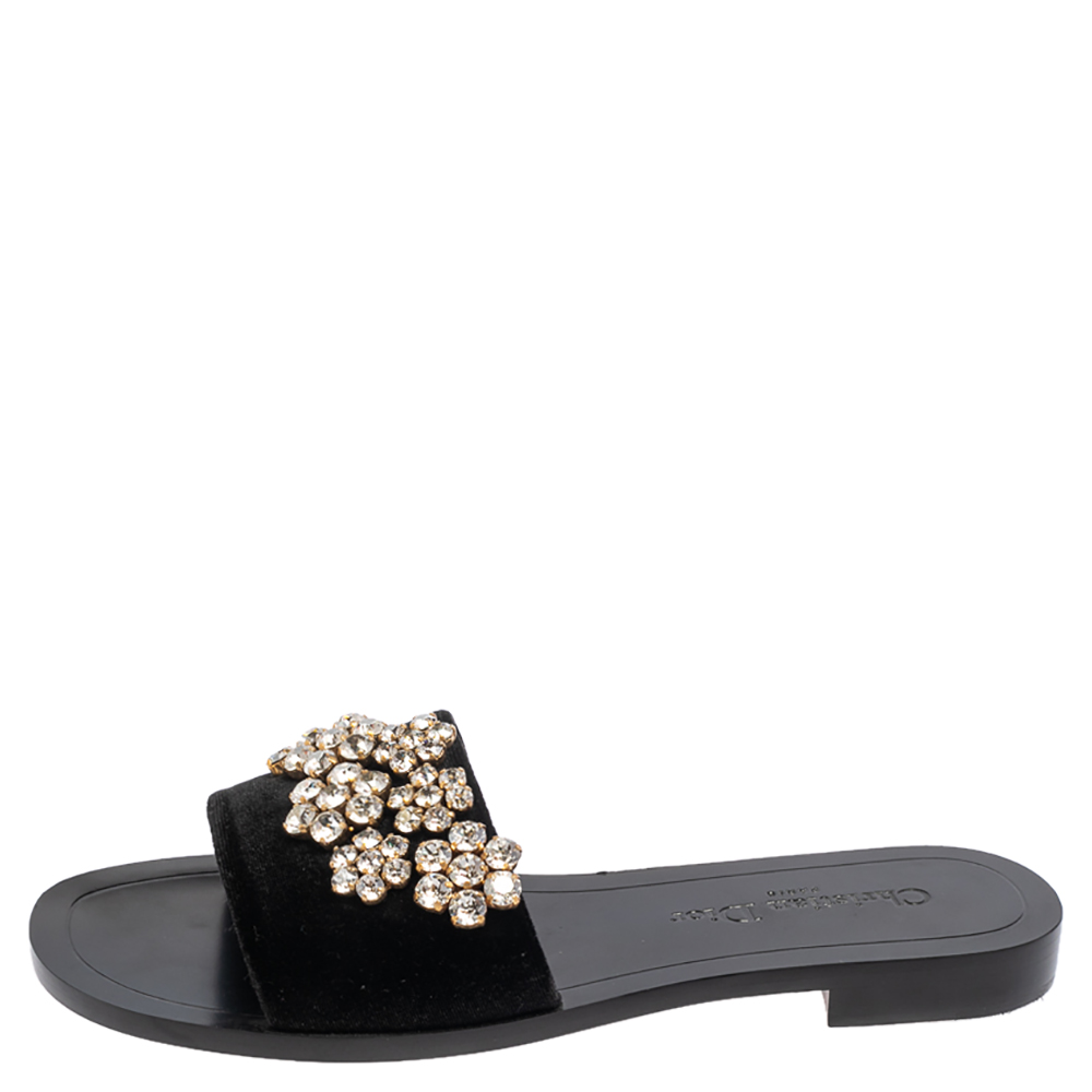 

Dior Black Velvet Crystal Embellishment Flat Sandals Size