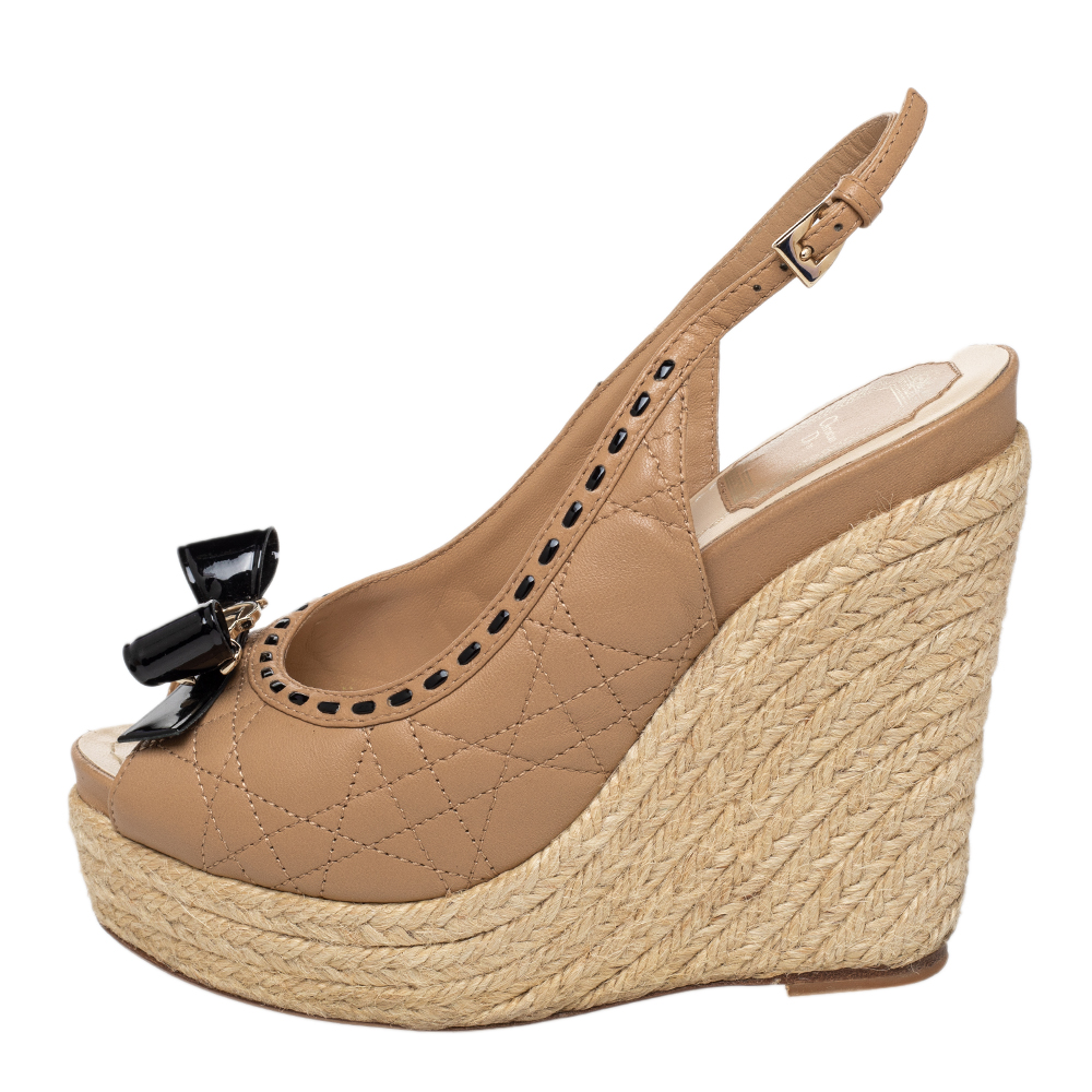 

Dior Beige Cannage Leather Bow Wedge Platform Espadrille Sandals Size