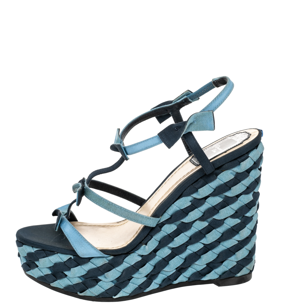 

Dior Blue Denim Ankle Wrap Wedge Platform Sandals Size
