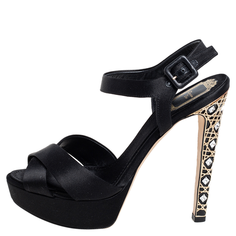 

Dior Black Satin Crystal Cannage Heel Platform Sandals Size