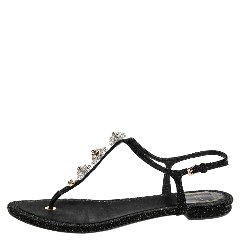 

Dior Black Glitter Embellished Flat Sandals Size