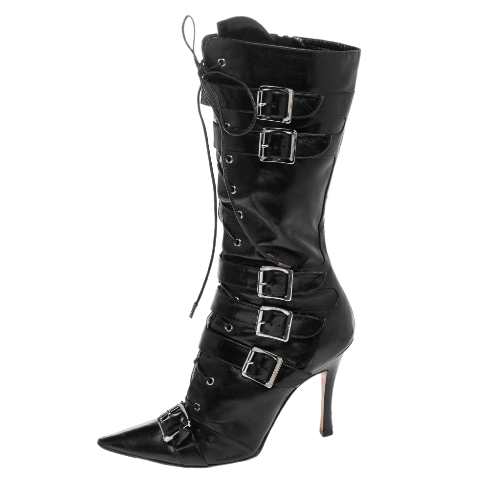 

Dior Black Leather Buckle Calf Length Boots Size