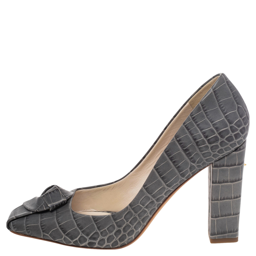 

Dior Grey Croc Embossed Leather Knot Square Toe Pumps Size