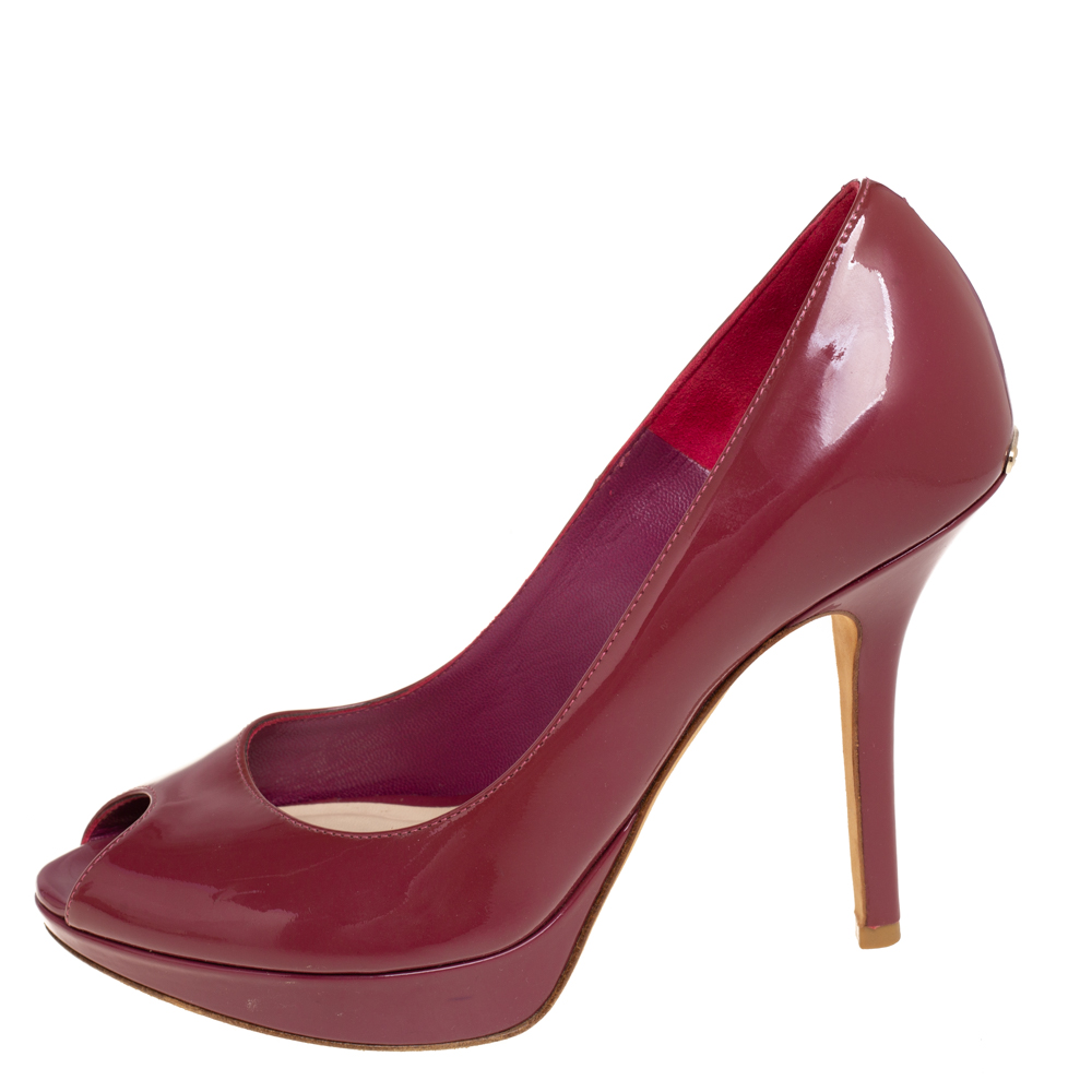 

Dior Burgundy Patent Leather Miss Dior Peep Toe Platform Pumps Size