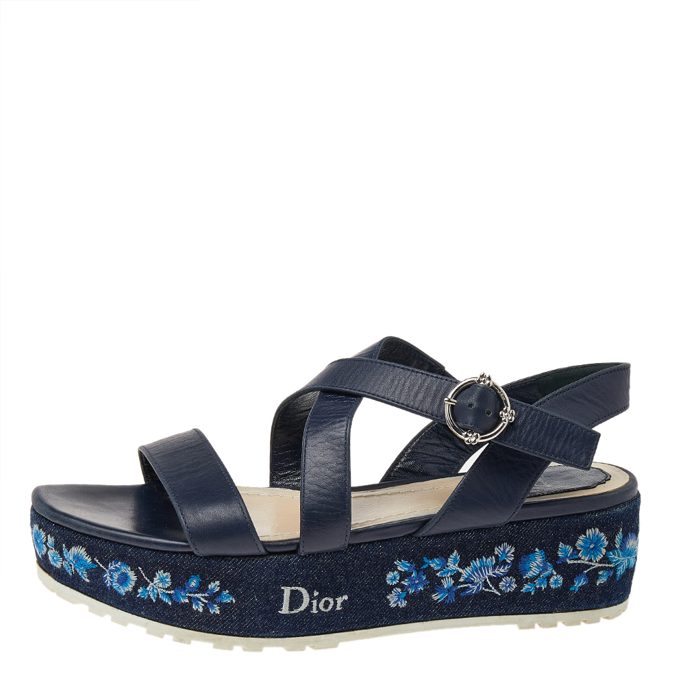 

Dior Blue Leather Prairie Embroidered Denim Platform Sandals Size