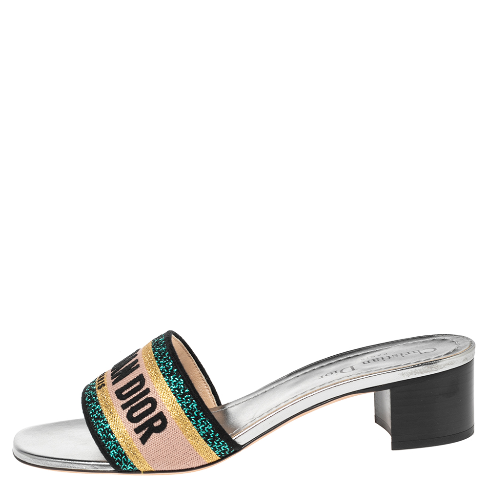 

Dior Silver Canvas Embroidered Dway Sandals Size