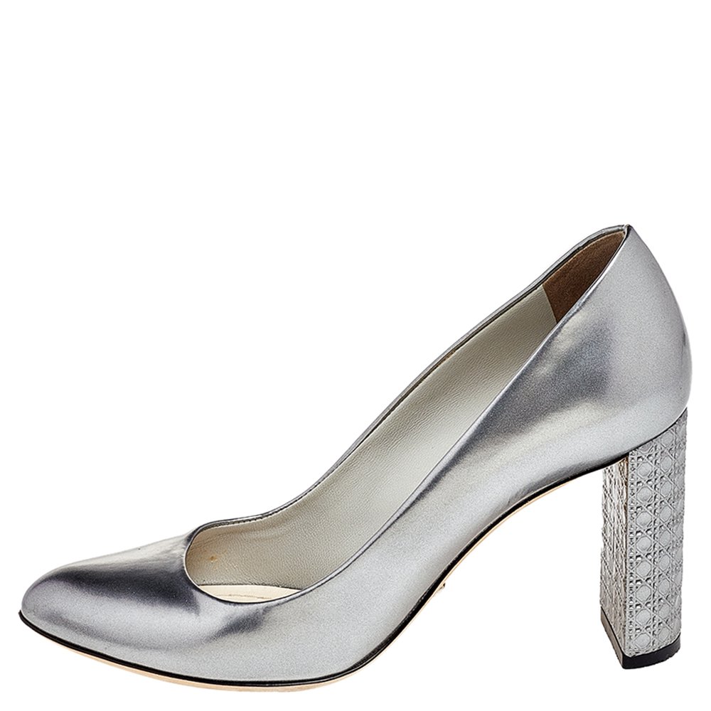 

Dior Metallic Grey Leather Microcannage Block Heel Pumps Size