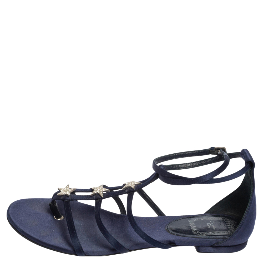 

Dior Dark Blue Satin Star Embellished Strappy Flat Sandals Size