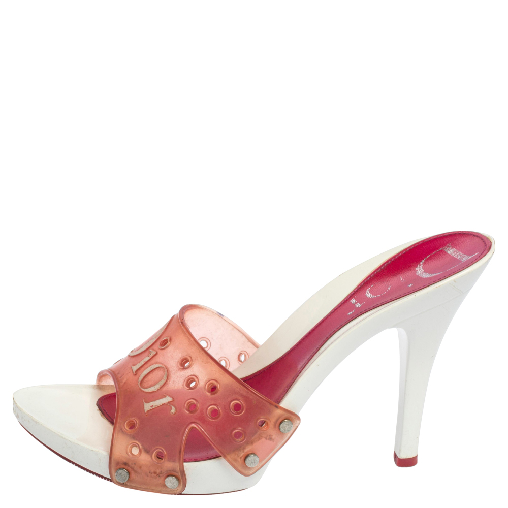 

Dior White/Pink Logo Embossed Rubber Clog Sandals Size