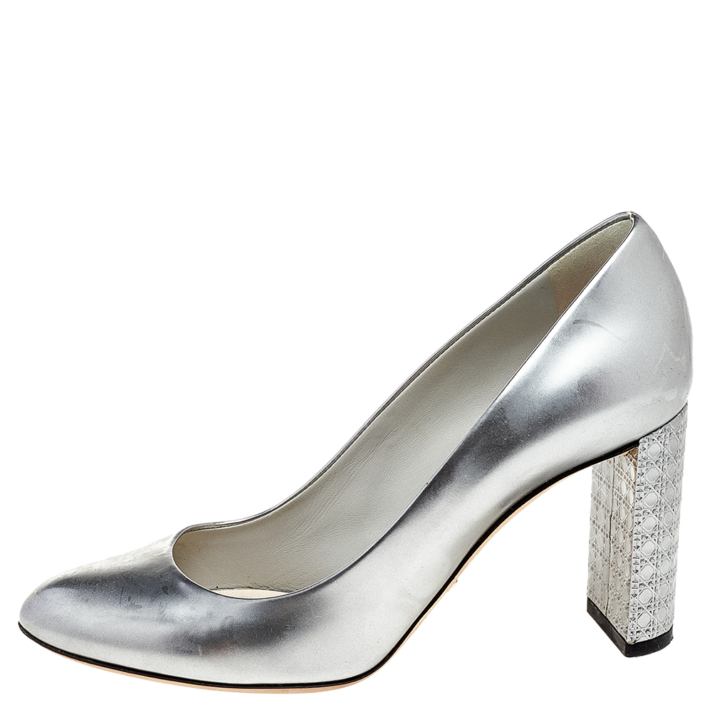 

Dior Metallic Silver Leather Microcannage Block Heel Pumps Size