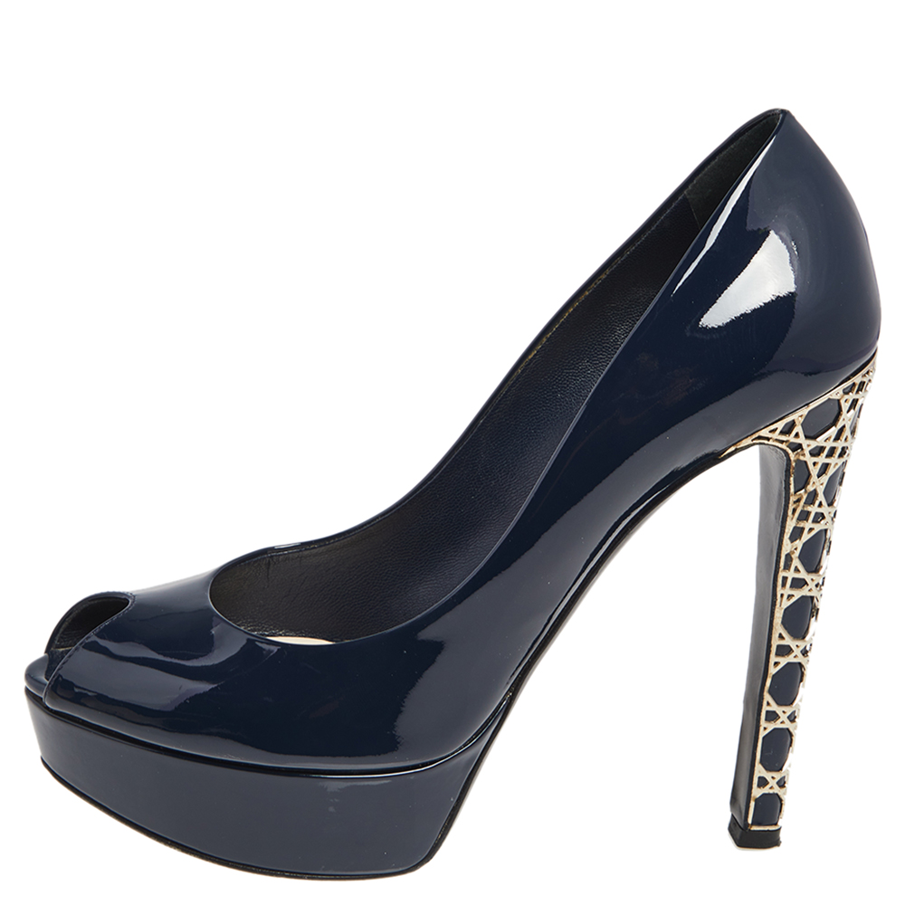 

Dior Navy Blue Patent Leather Metal Cannage Heel Peep Toe Platform Pumps Size