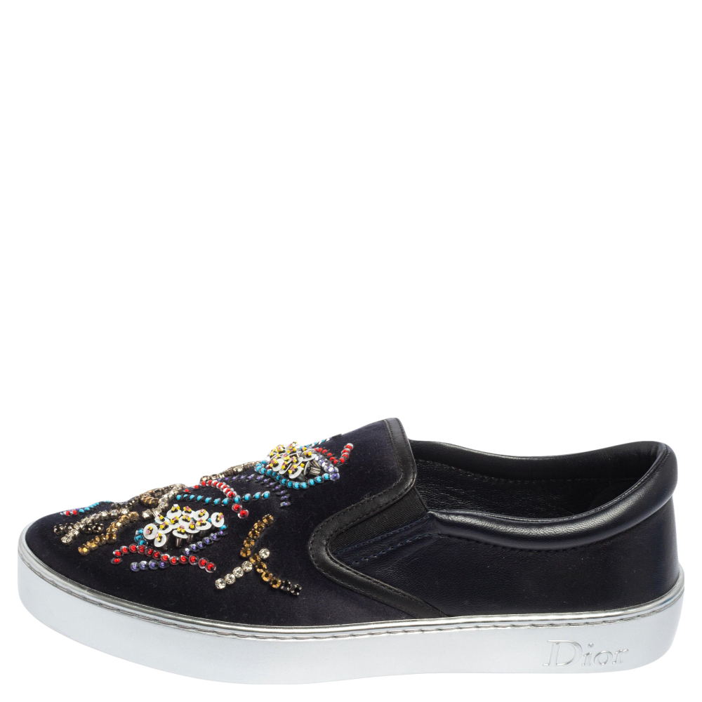 

Dior Navy Blue/Black Satin And Leather Crystal Embellished Slip On Sneakers Size