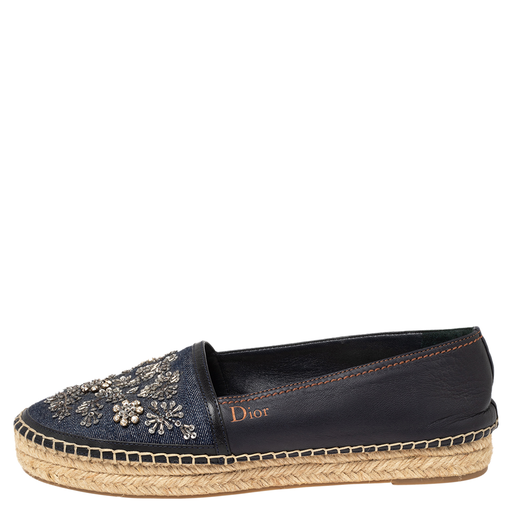 

Dior Blue Denim and Leather Embellished Espadrilles Flat Size